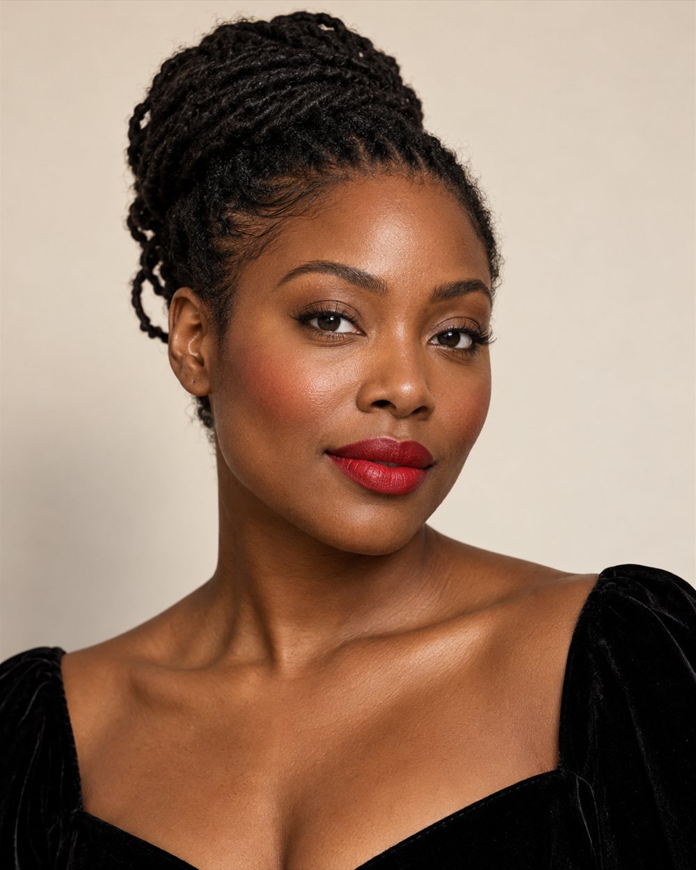 A woman with deep brown skin and pulled-back black locs wearing a defined red satin lip with a quiet neutral eye.