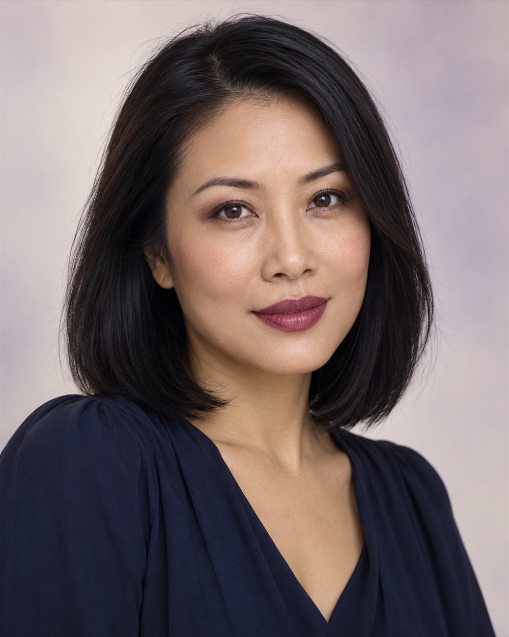 A woman with golden skin and a sleek black bob wearing berry satin lips, softly defined plum-brown eyes and a midnight-blue blouse.