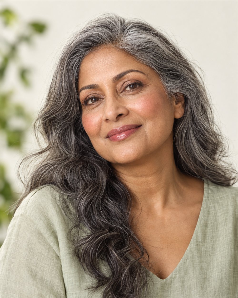 A woman with warm brown skin and loose salt-and-pepper waves wearing peach-rose cheeks, sheer rose lips and a pale sage top.
