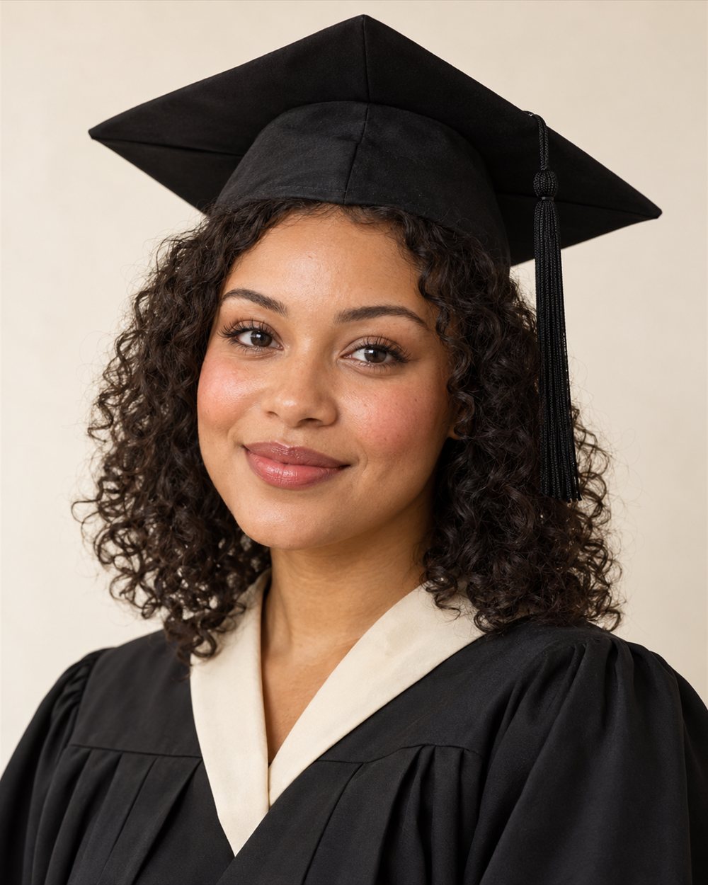 An adult graduate with light brown skin and natural dark curls wearing a plain black graduation cap and gown, muted rose cheeks and rose-brown lips.