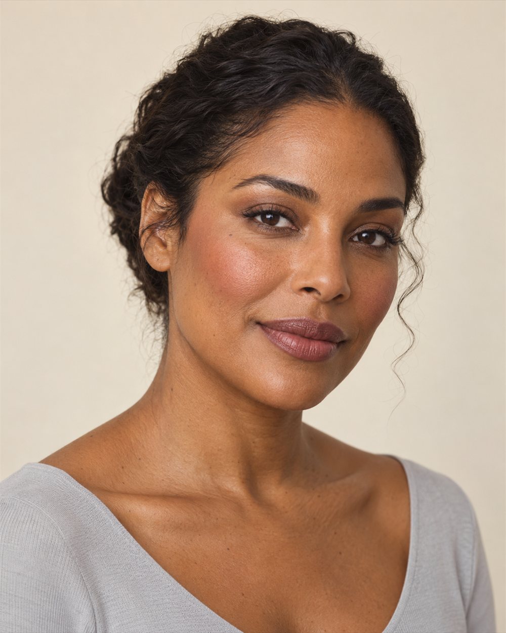 A woman with warm brown skin and neatly tied-back dark hair wearing a soft matte base, gentle taupe-brown eyes and mauve-brown satin lips.