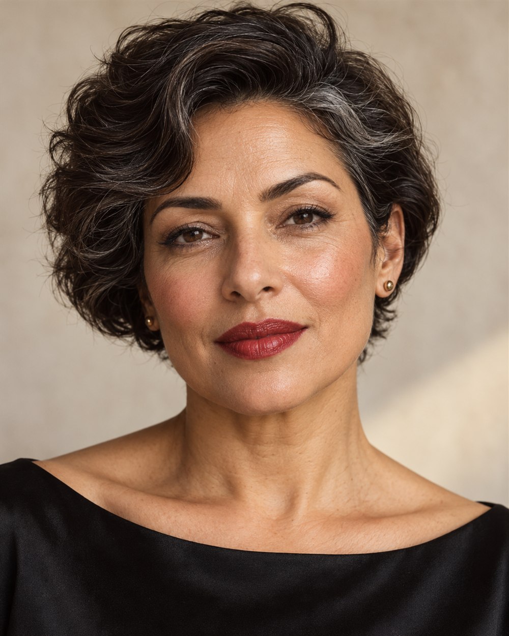 A woman with olive skin, short dark waves with silver strands, ruby-red lips and softly defined black liner.