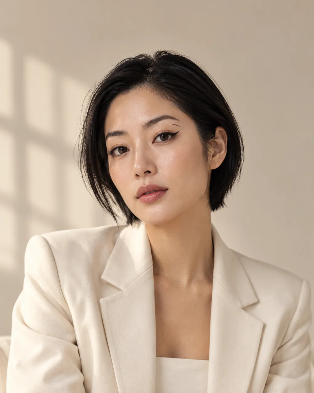 A woman with a sleek dark bob wearing a black outer eyeliner wing and a separate short floating accent above it.