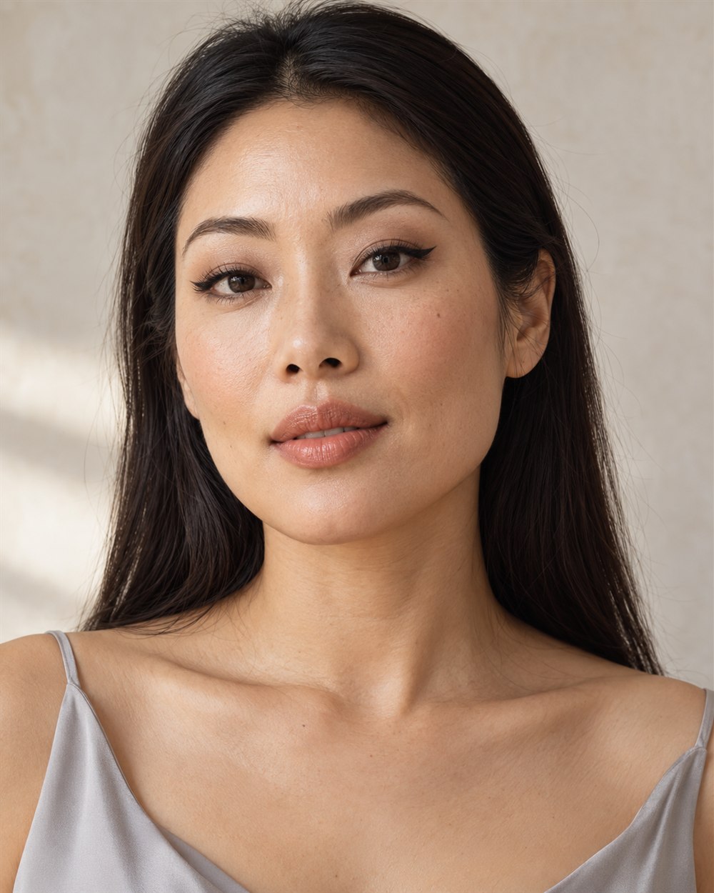 A woman with warm medium skin and long dark hair wears short black liner with an upward outer flick and muted peach lips.