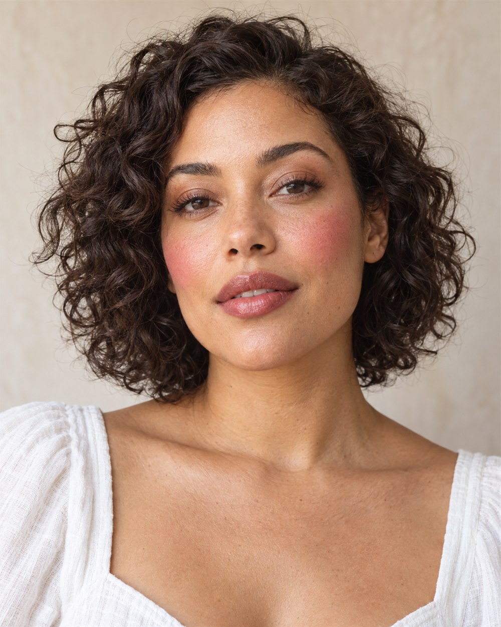 A woman with warm brown skin and a dark curly bob wears prominent diffused rose cheeks, a sheer rose lip and softly defined eyes.