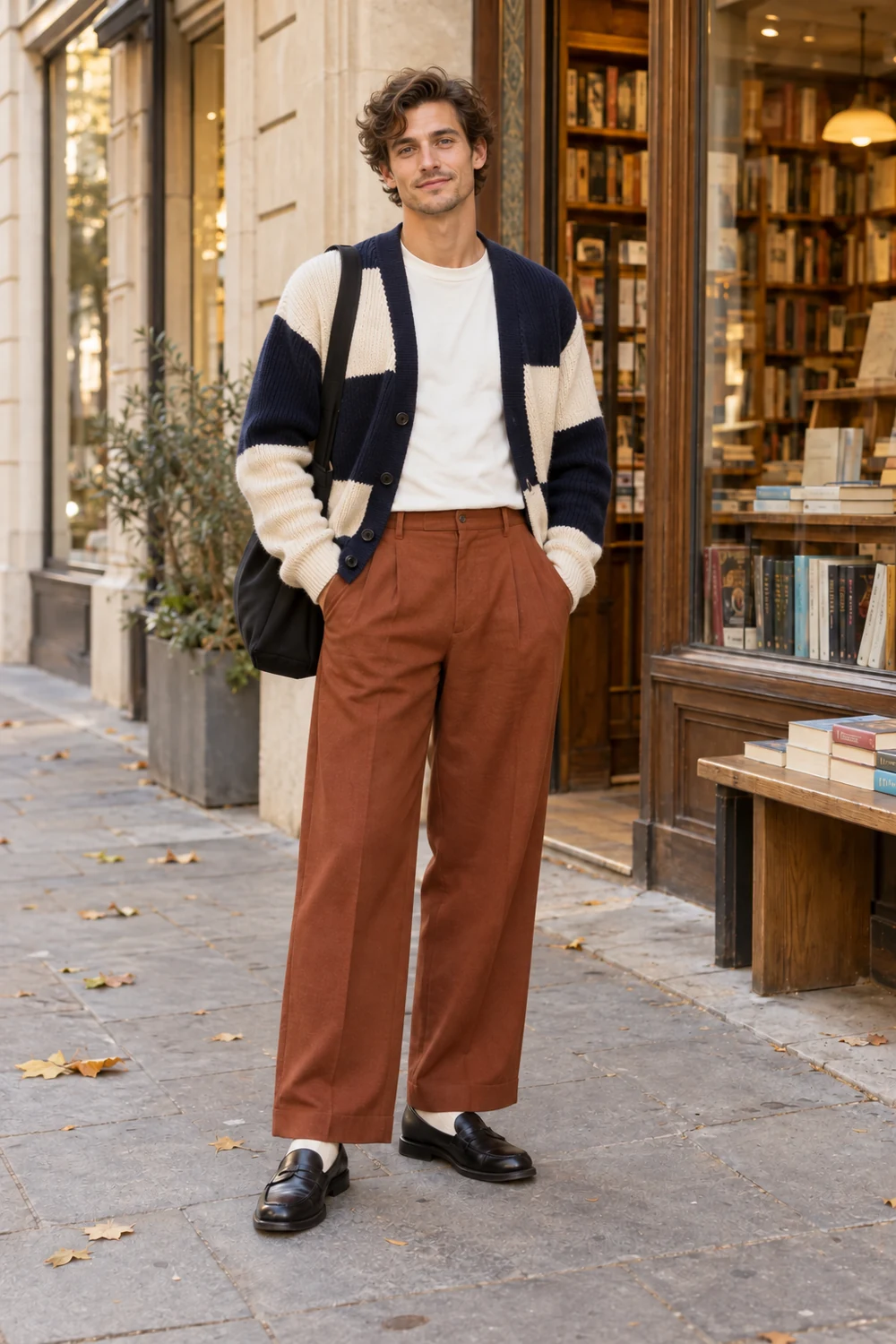 A fictional lean man with brown wavy hair wearing a navy-and-cream cardigan, ivory T-shirt, rust wide trousers, black loafers and a black shoulder bag.