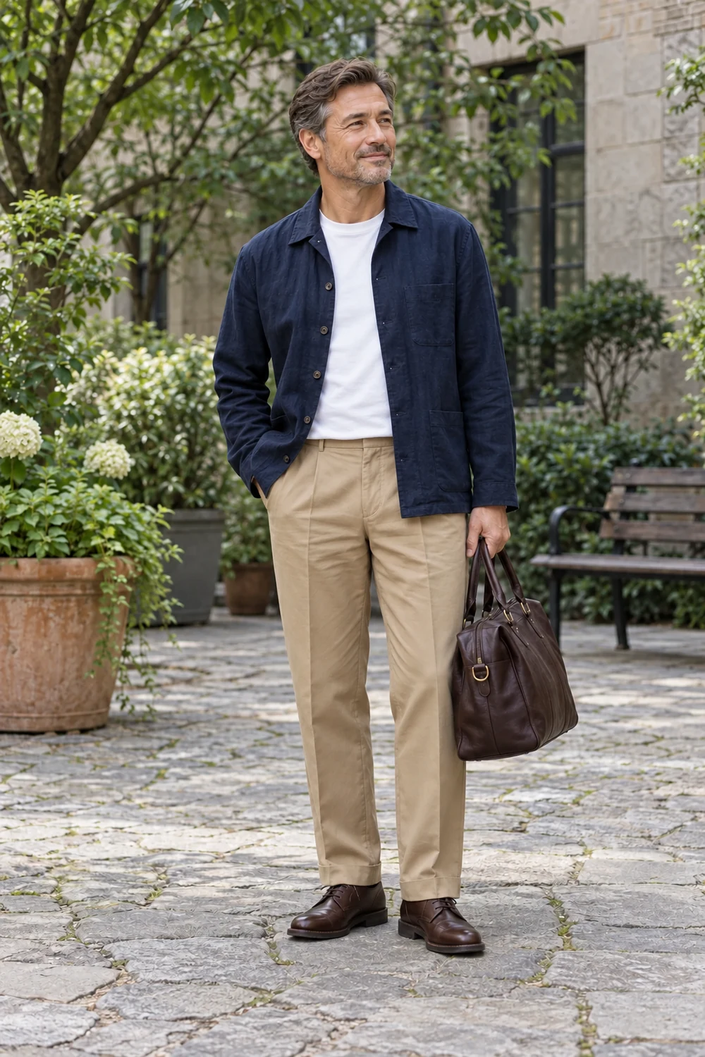 A fictional lean man with short greying brown hair wearing a navy overshirt, white T-shirt, khaki trousers and brown Derby shoes, carrying a brown holdall.