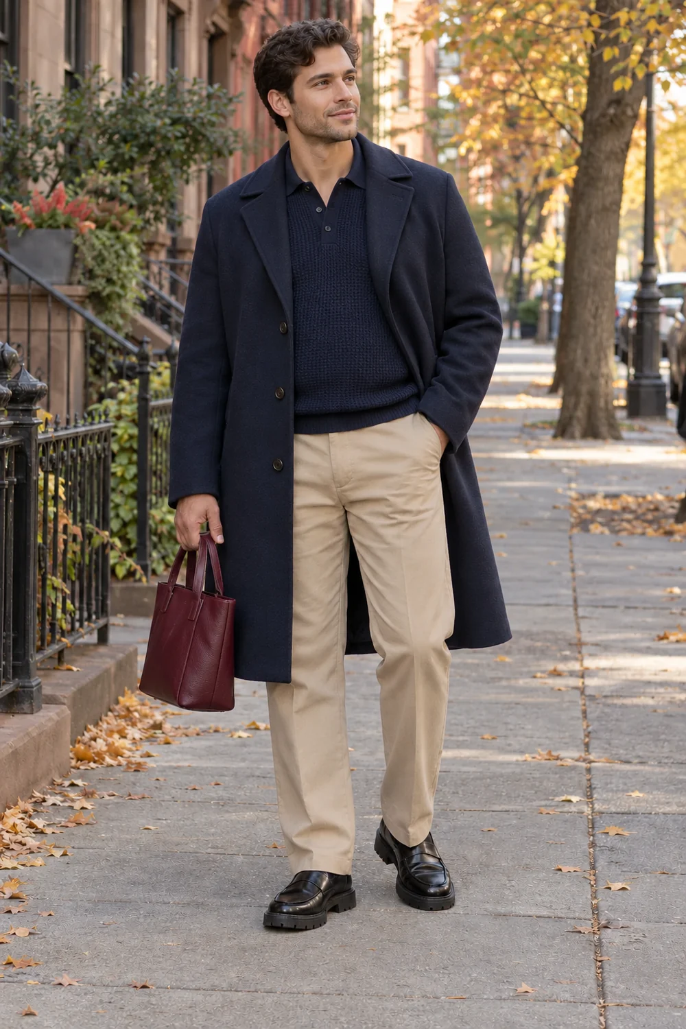 A fictional lean, long-limbed adult man with dark wavy hair wearing a navy city coat over a textured navy polo, sand straight trousers and black loafers, carrying a burgundy tote.