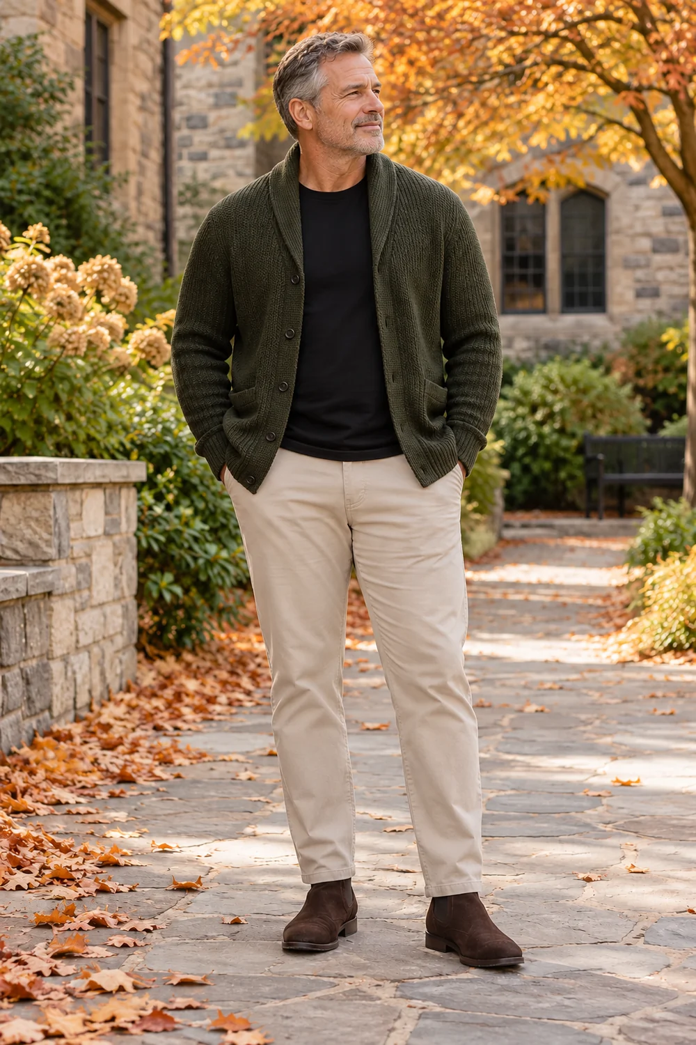 A fictional mature lean athletic man wearing a dark-olive shawl-collar cardigan, black T-shirt, stone straight chinos and low brown suede ankle boots.