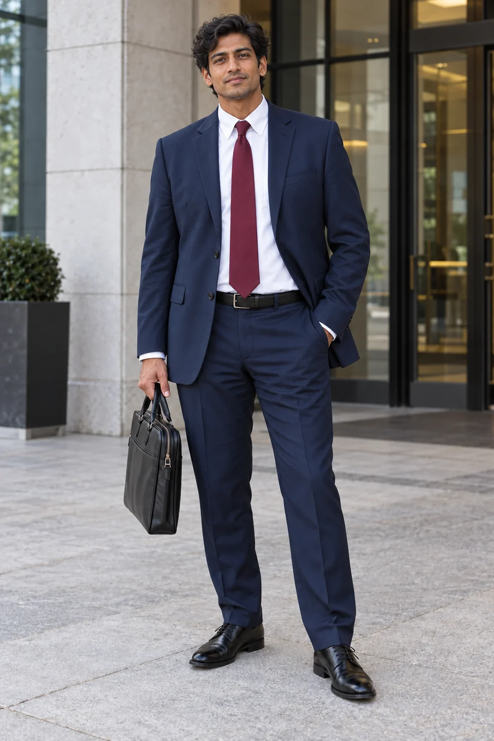 A fictional lean adult man with dark wavy hair wearing a navy work suit, white shirt, burgundy tie and black lace-up shoes, carrying a slim black briefcase.