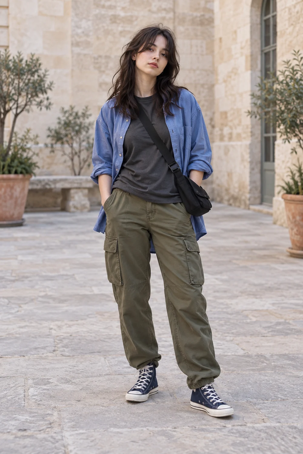 A fictional woman in olive cargos, charcoal tee, blue overshirt, navy high canvas trainers and black crossbody bag.