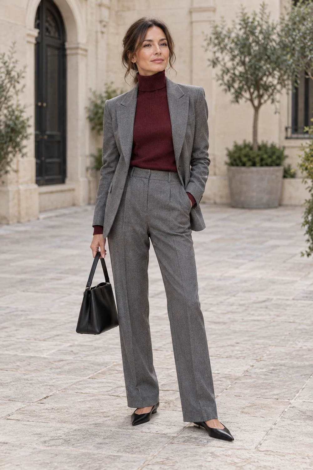 A fictional woman in grey trouser suit, burgundy high-neck knit, black pointed flats and black handbag.