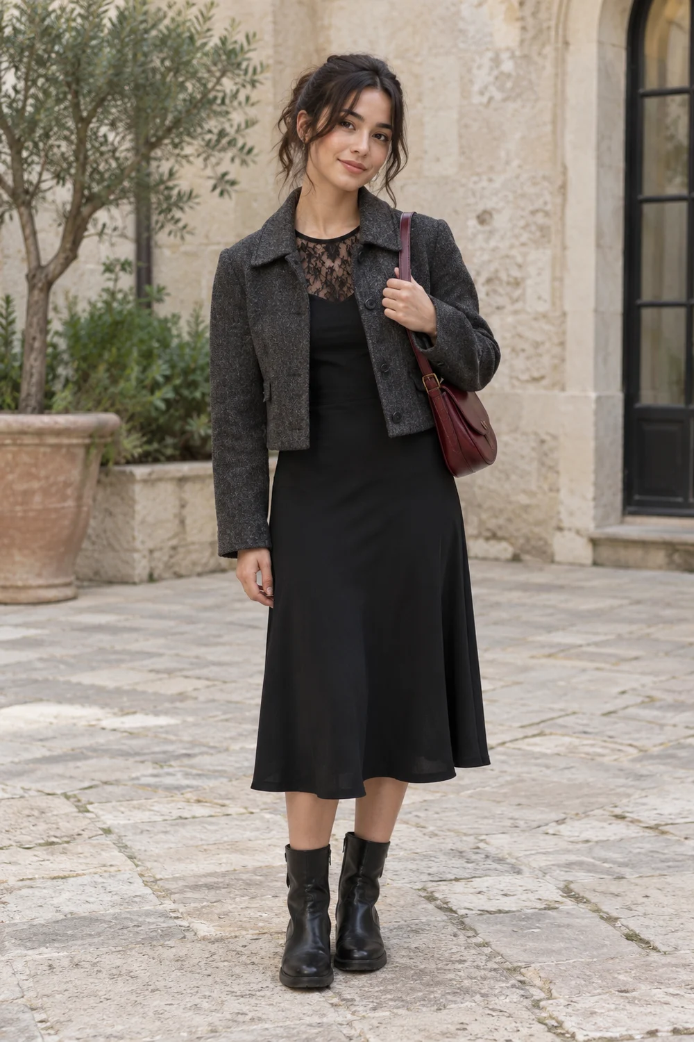 A fictional woman in black opaque midi dress with lace yoke, charcoal jacket, black flat boots and oxblood shoulder bag.