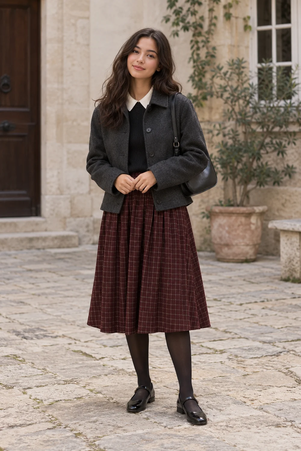 A fictional woman in oxblood checked midi skirt, black knit with cream collar, charcoal jacket, dark tights, black flat Mary Janes and shoulder bag.