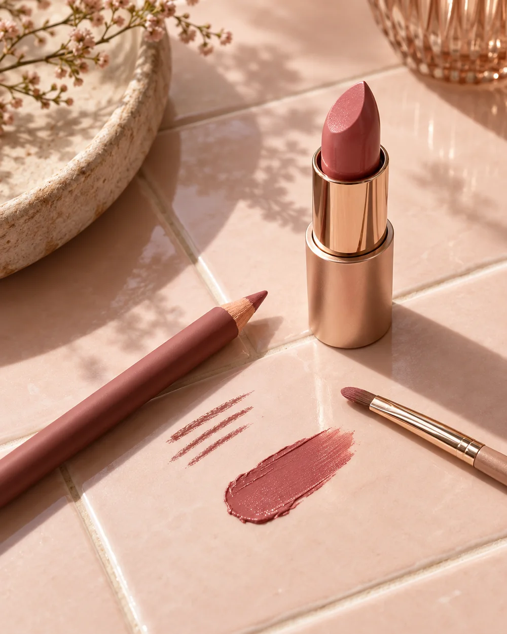 A muted rose lip pencil, rose lipstick and slim lip brush on a pale pink tile.
