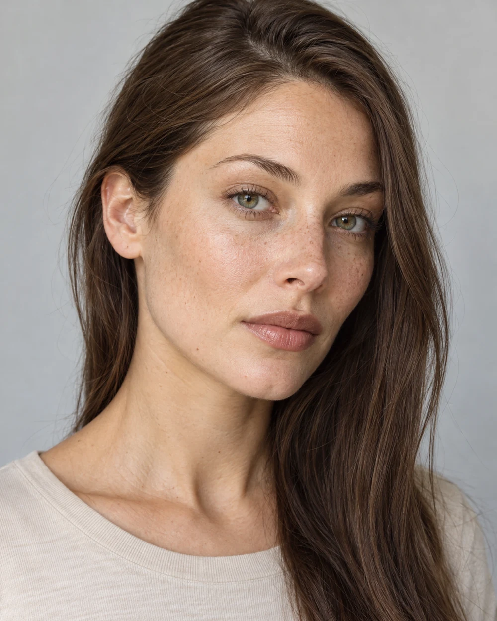 A fictional woman with light warm skin, freckles and straight chestnut hair showing sheer brown lip colour with a small satin reflection and a pale beige neckline.