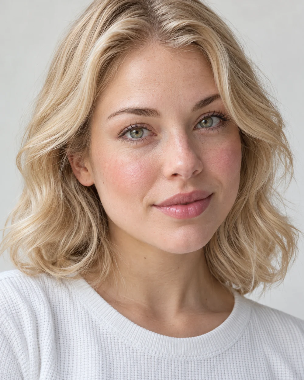 A fictional woman with fair light skin and blonde waves wearing softly blended rose cheek colour and a sheer rose balm with a white neckline.