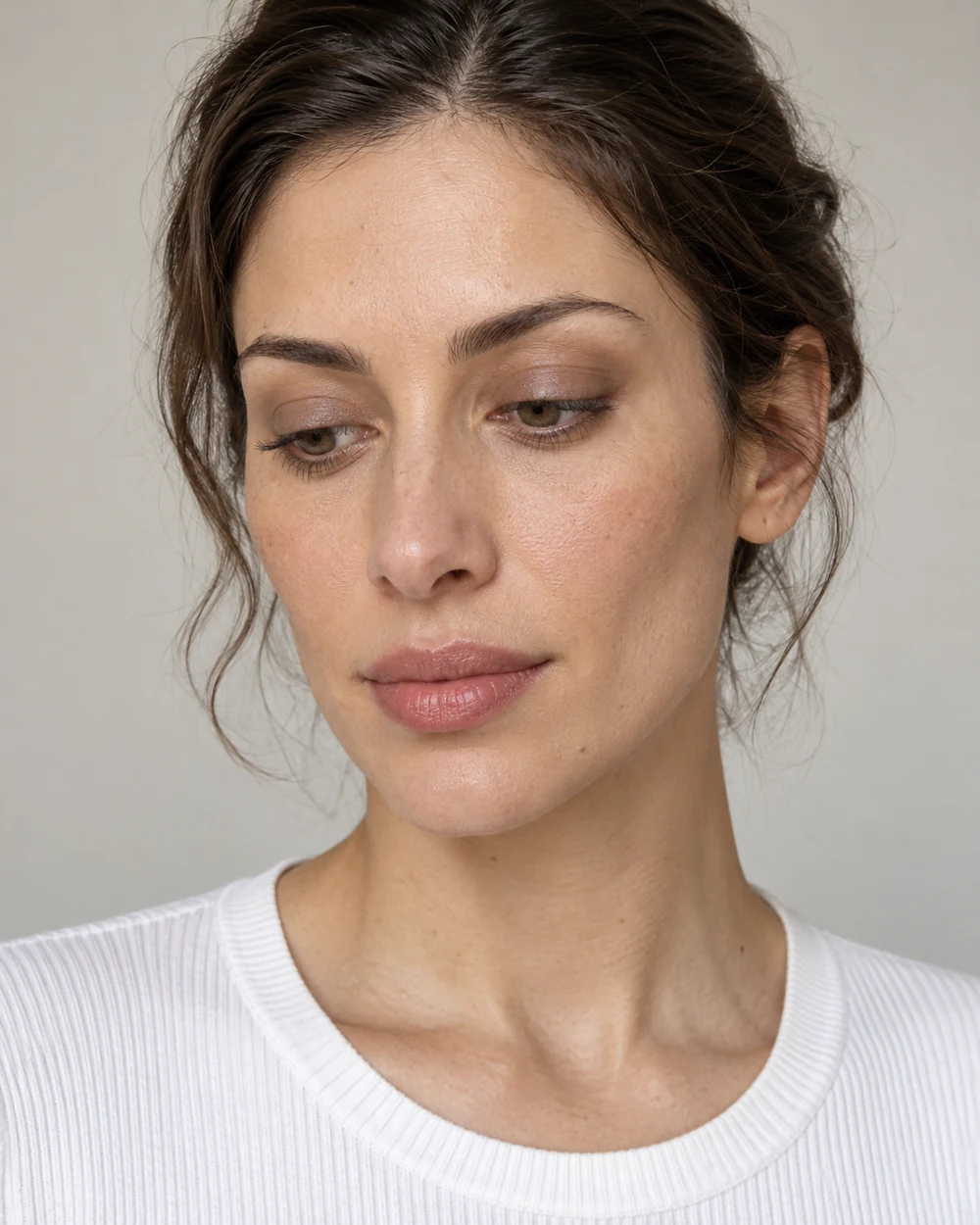 A fictional woman with light olive skin and tied-back brown hair showing a contained taupe lid wash and warm rose balm with a white knit neckline.