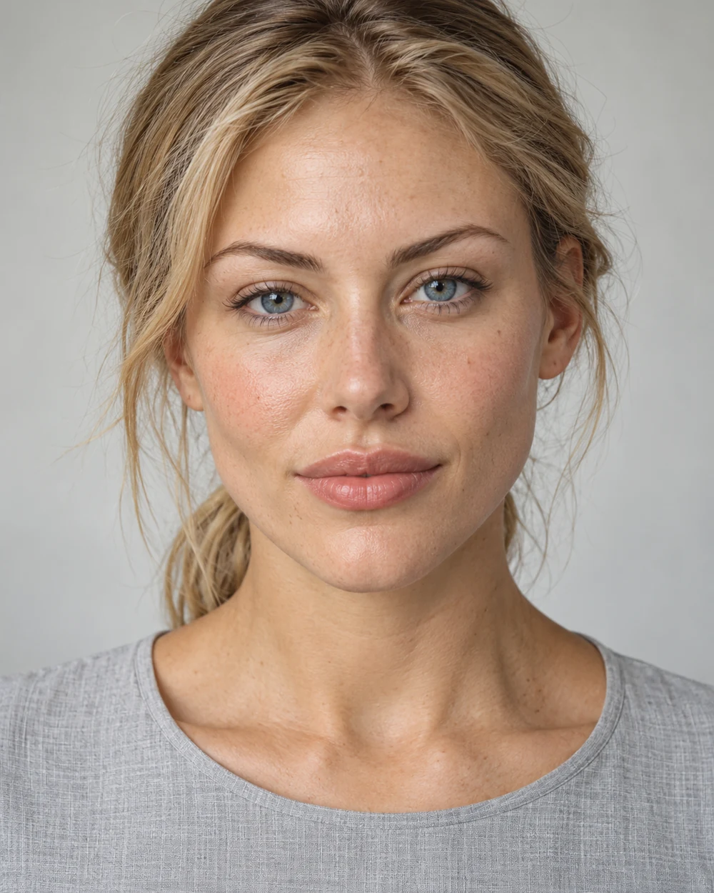 A fictional woman with light warm skin and a blonde ponytail wearing a small peach cheek and sheer peach-rose lip with a pale-grey neckline.