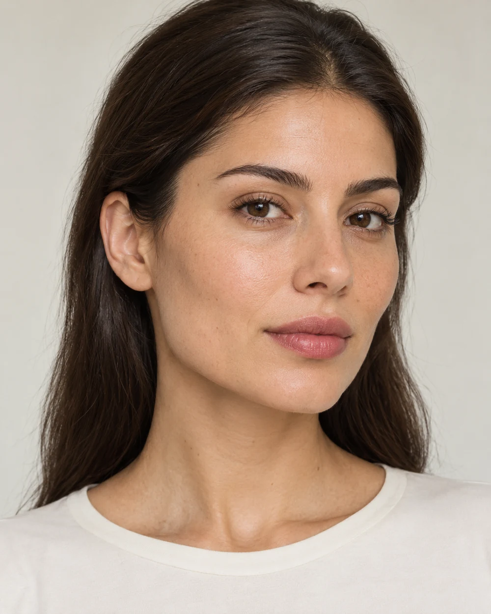 A fictional woman with light olive skin and smooth dark hair wearing a diffused rose lip and brushed brows with an ivory neckline.