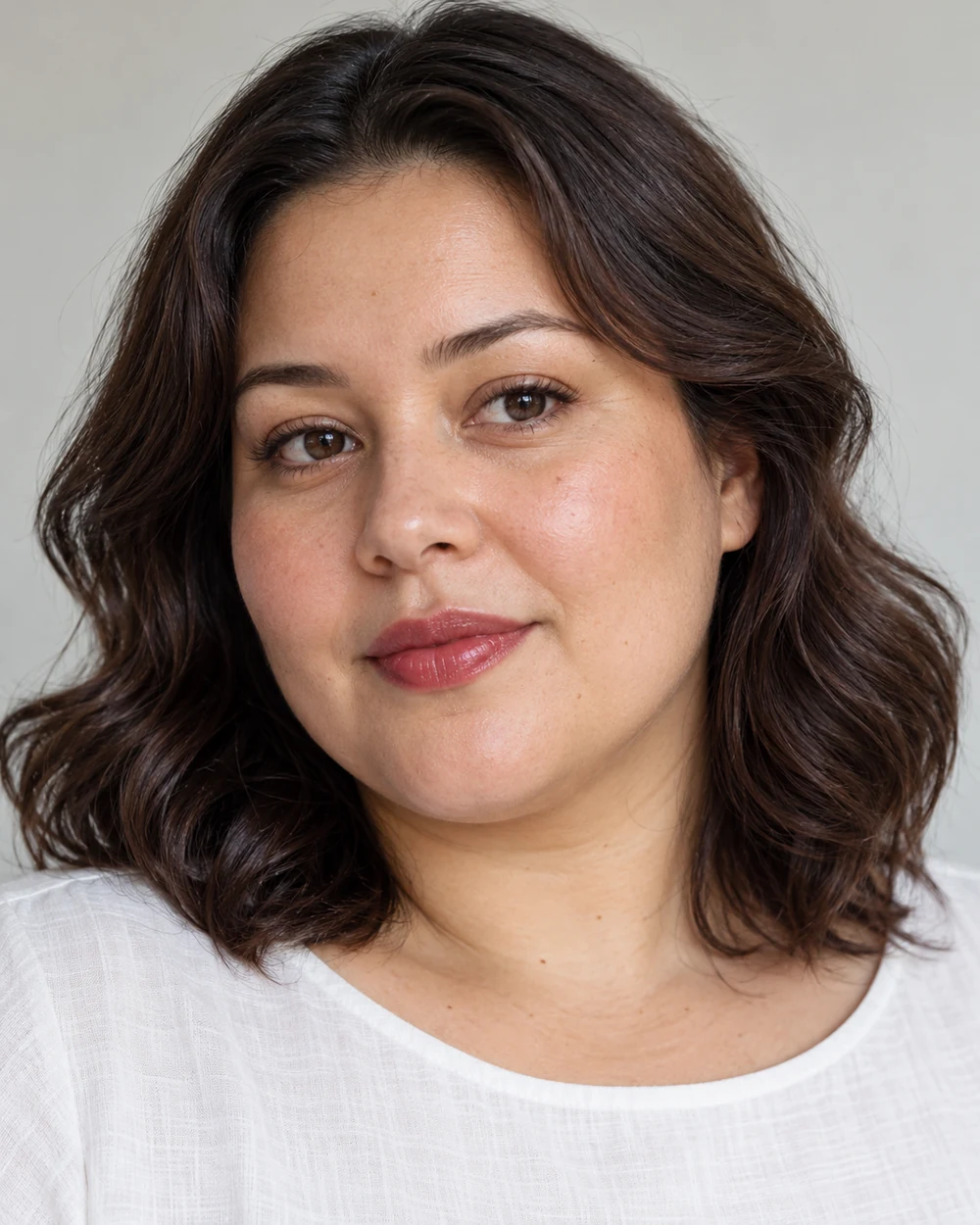 A fictional woman with light-medium warm skin and dark waves wearing a sheer berry-red lip and quiet lashes with a white blouse.
