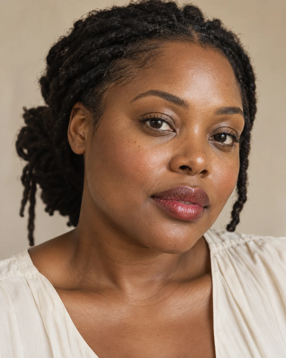 A fictional adult with deep brown skin, natural locs, translucent cranberry lip colour and quietly brushed brows beside an ivory neckline.