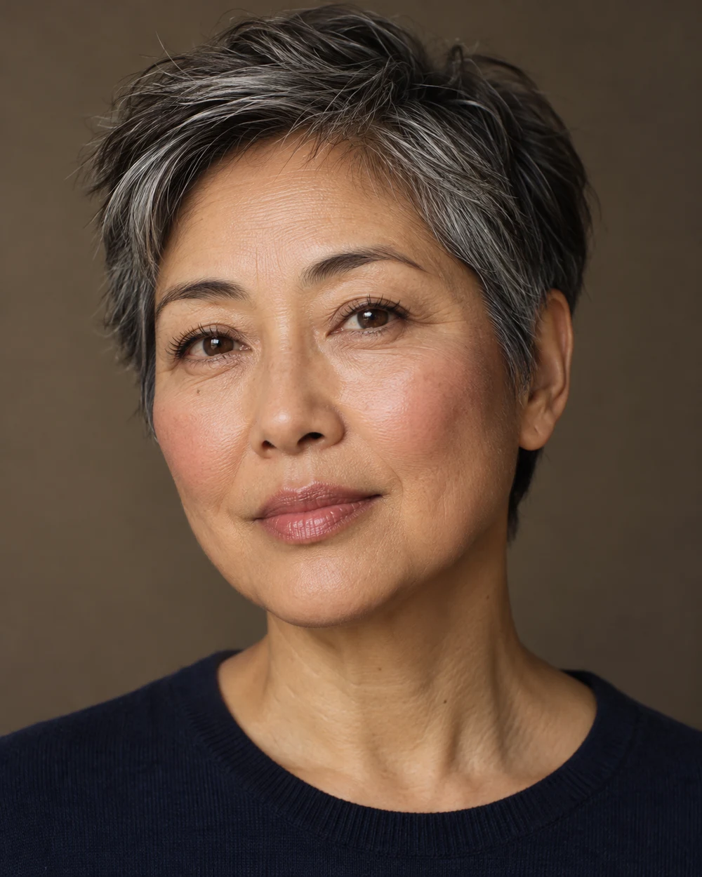 A fictional mature adult with warm olive skin, a short dark pixie cut, a small dusty-pink cheek area and quiet espresso-coloured lashes.