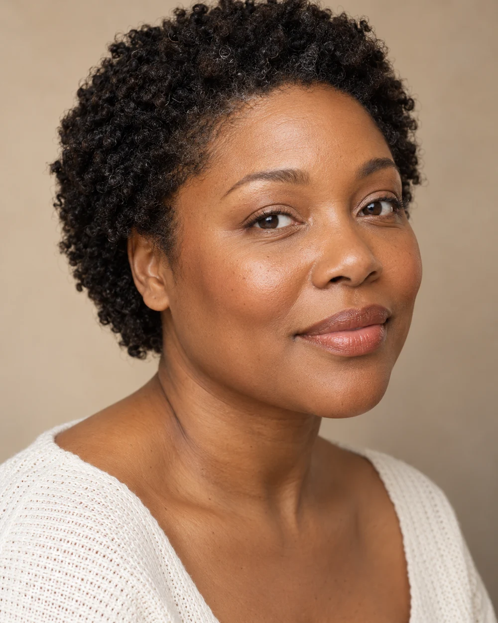 A fictional adult with warm brown skin, a thin beige satin wash on the external lids and a quiet peach-brown lip beside a cream neckline.