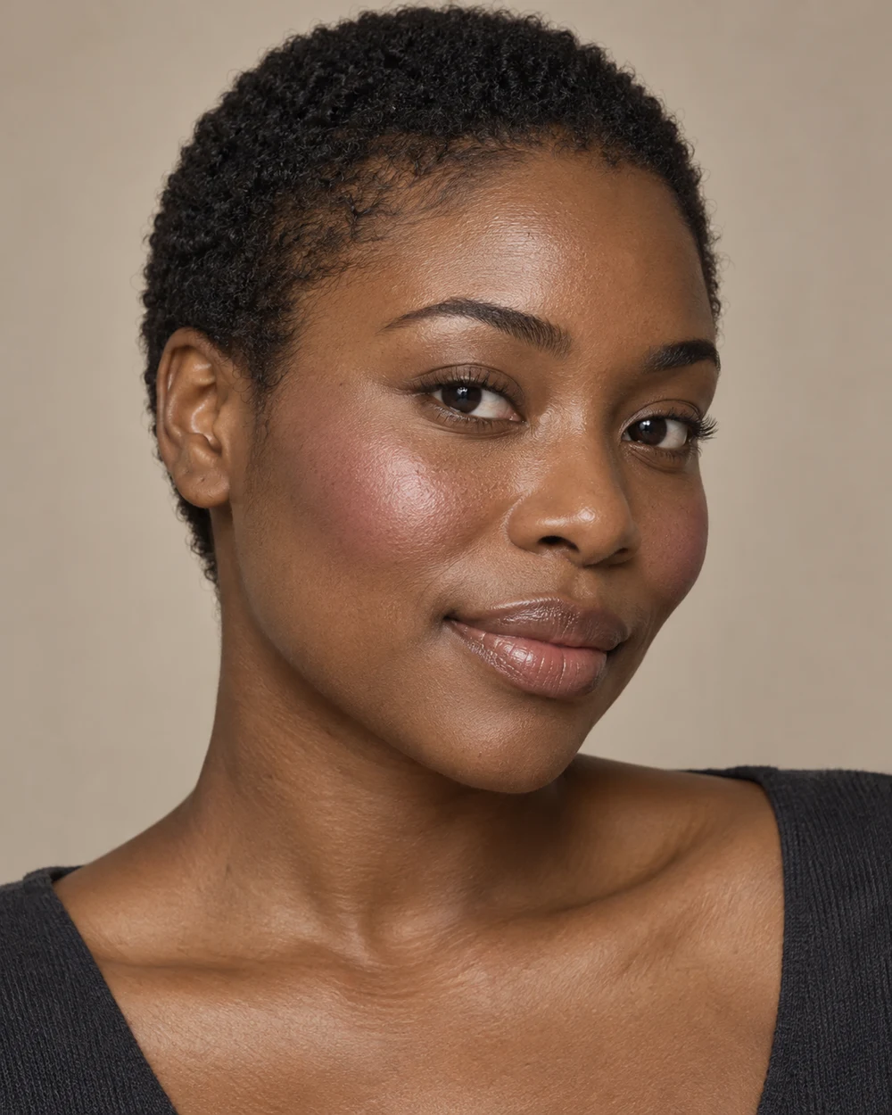 A fictional adult with deep neutral-brown skin, natural cropped hair and a small muted mauve cheek accent beside a quiet neutral lip.