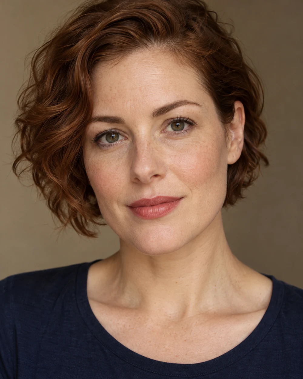 A fictional adult with lightly freckled fair skin, auburn hair, a transparent soft red lip and quiet brushed brows beside a plain navy shirt.