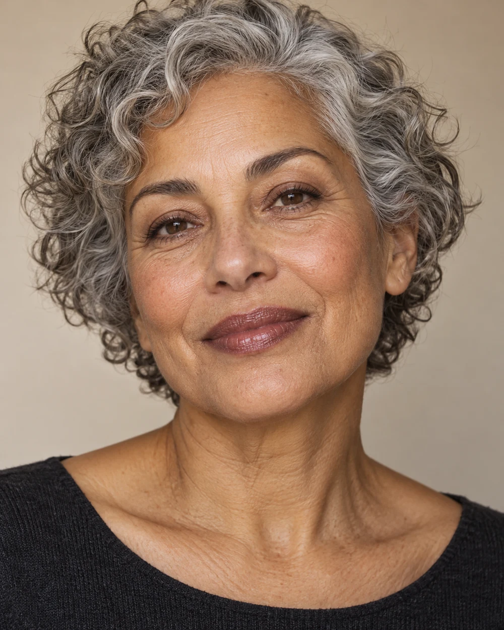 A fictional mature adult with medium warm skin, short grey curls, a sheer plum-brown lip and softly brushed natural brows beside a charcoal neckline.