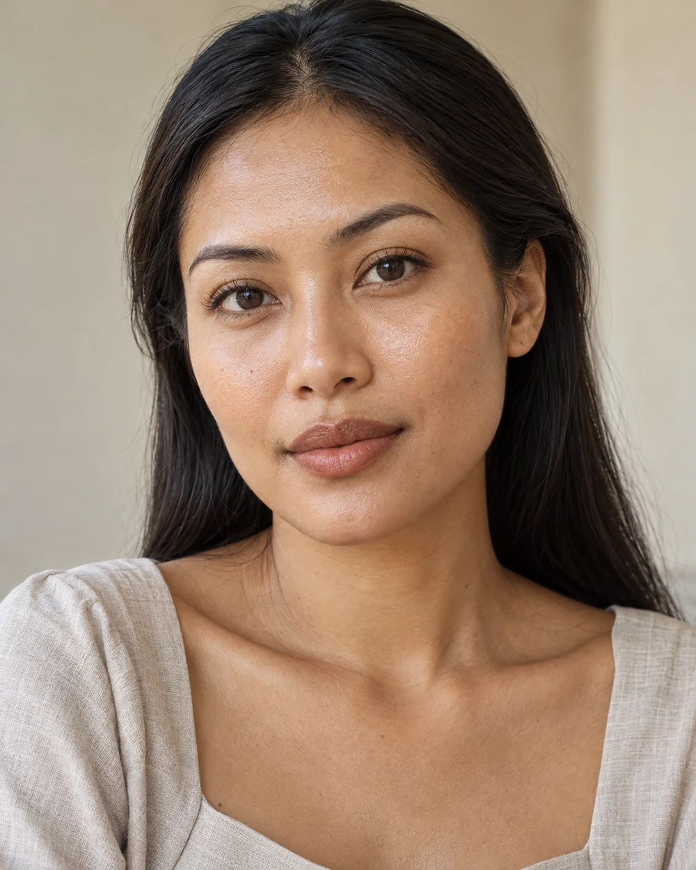 A fictional adult with warm tan skin, dark straight hair, a sheer cinnamon-brown lip, quiet brown lashes and cheeks left at a natural prepared finish.