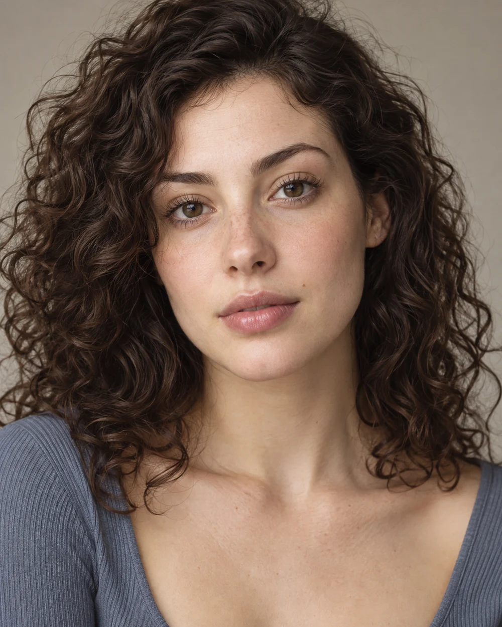 A fictional adult with light neutral skin, dark curly hair, a transparent cool-pink lip tint and softly separated light-brown lashes.