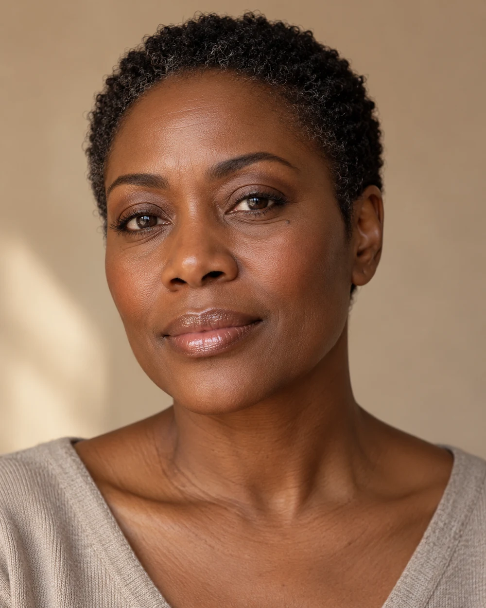 A fictional adult with deep cool-brown skin, cropped hair, a small fawn-brown cream lid wash and a clear lip sheen beside a plain stone neckline.