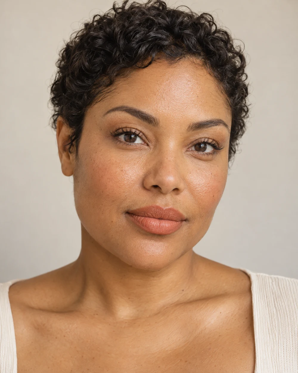 A fictional adult with warm medium-brown skin, a short natural hairstyle, muted apricot lips and gently separated brown lashes.