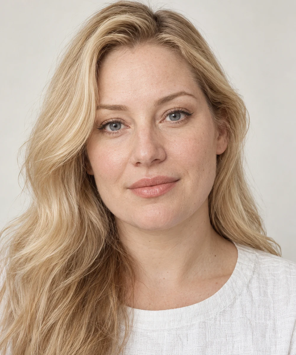 A fictional fair-skinned woman with blonde waves wearing a small brown upper-lash wing and peach satin lips with a white blouse.