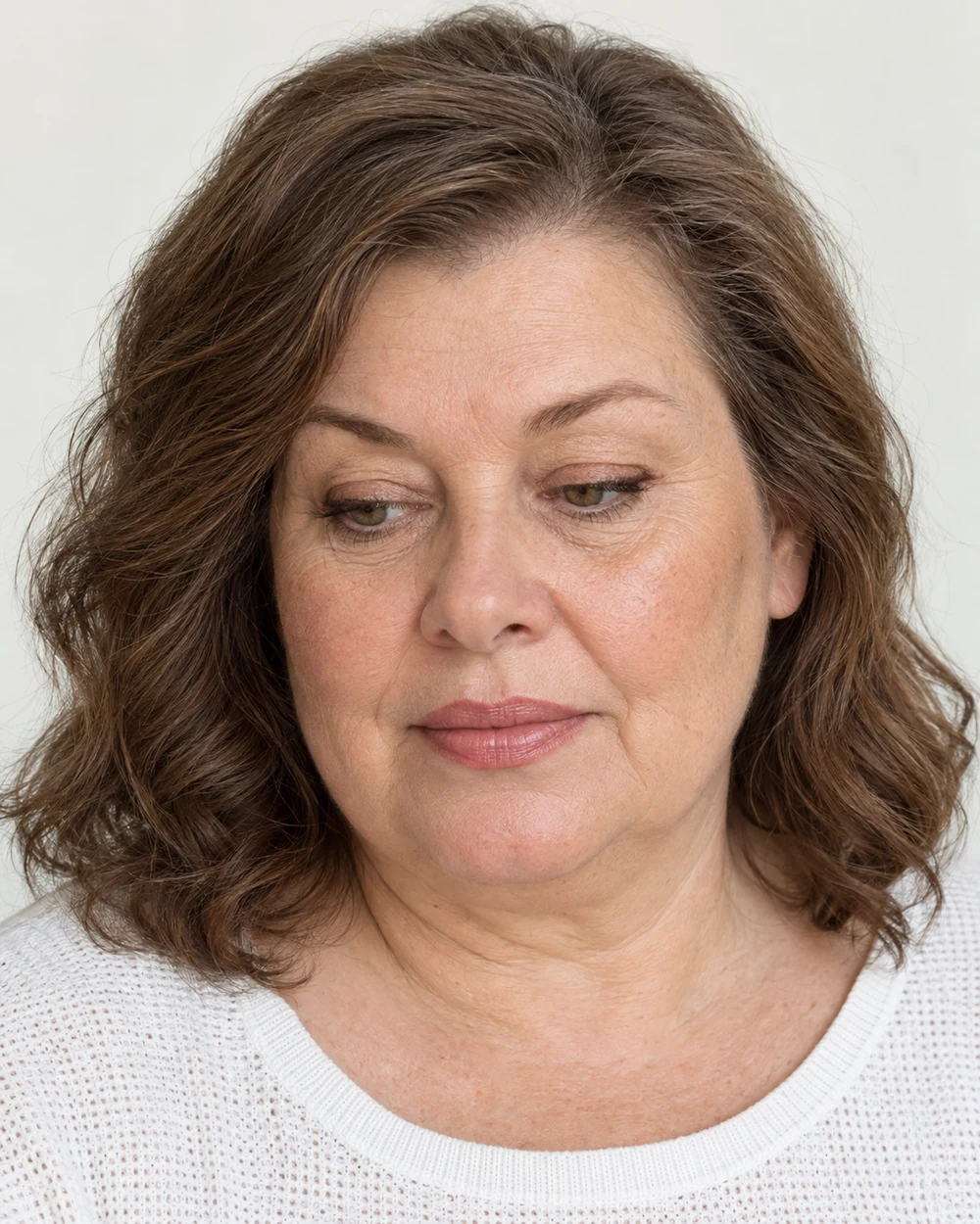 A fictional fair-skinned mature woman with brown waves wearing a compact bronze-brown outer upper-lash edge and quiet rosewood lips with a white neckline.