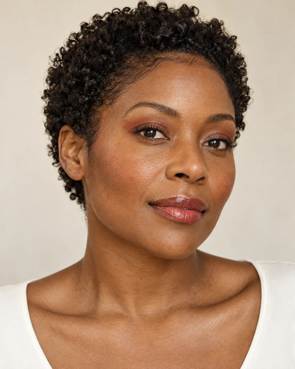 A fictional adult with deep warm-brown skin, a contained chestnut upper-lid accent and a sheer clear-red lip beside an ivory neckline.