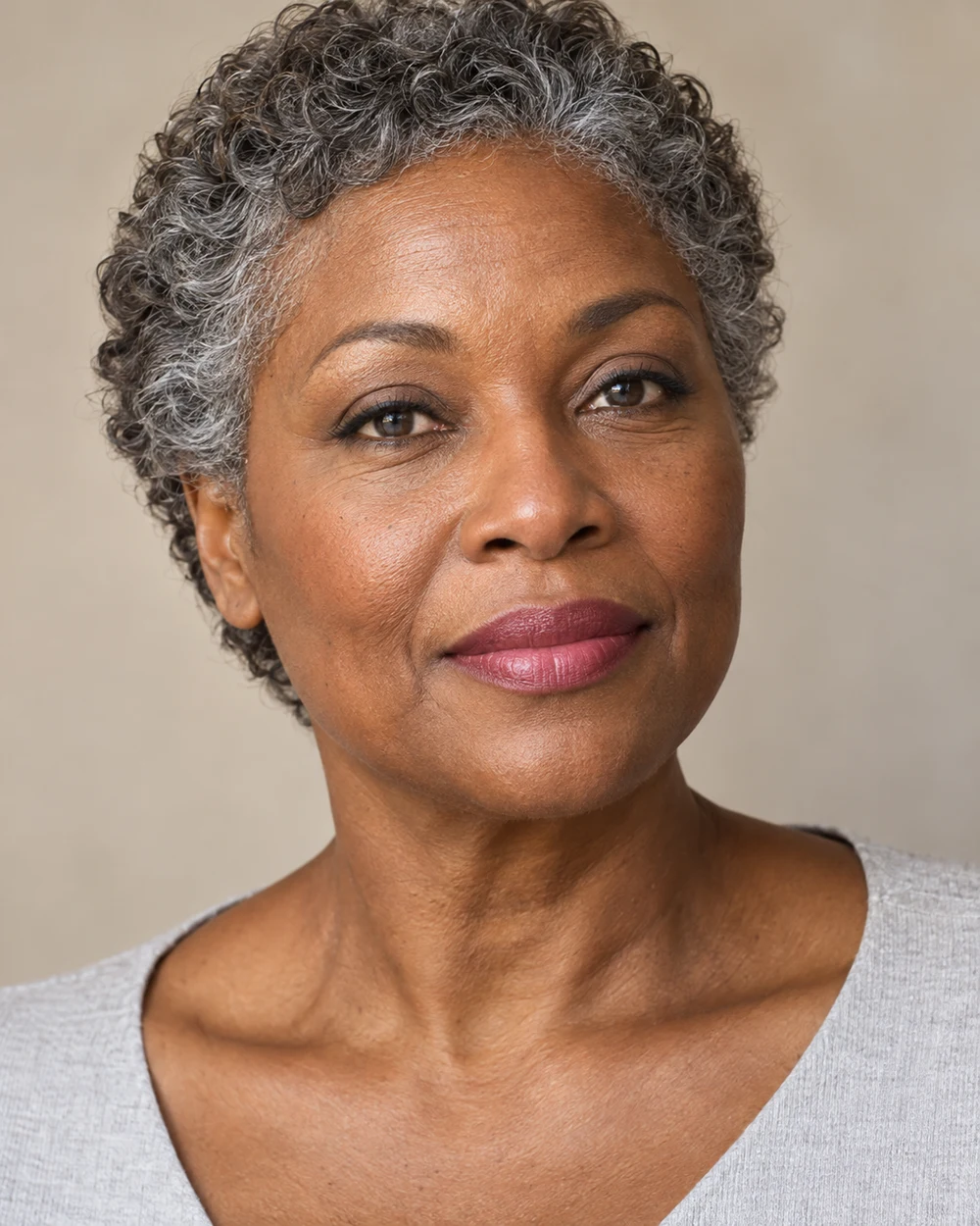 A fictional mature adult with deep brown skin, silver-flecked curls, a short softened graphite external upper-lid line and a raspberry satin lip.