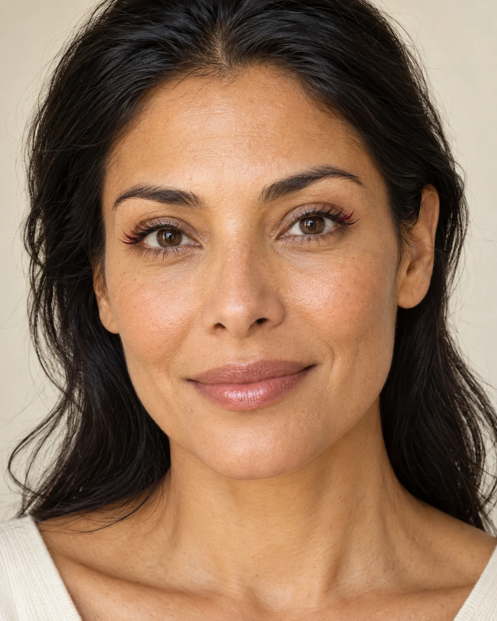 A fictional adult with tan golden skin, a discreet burgundy accent on the outer upper lashes, brown remaining upper lashes and a quiet neutral lip.