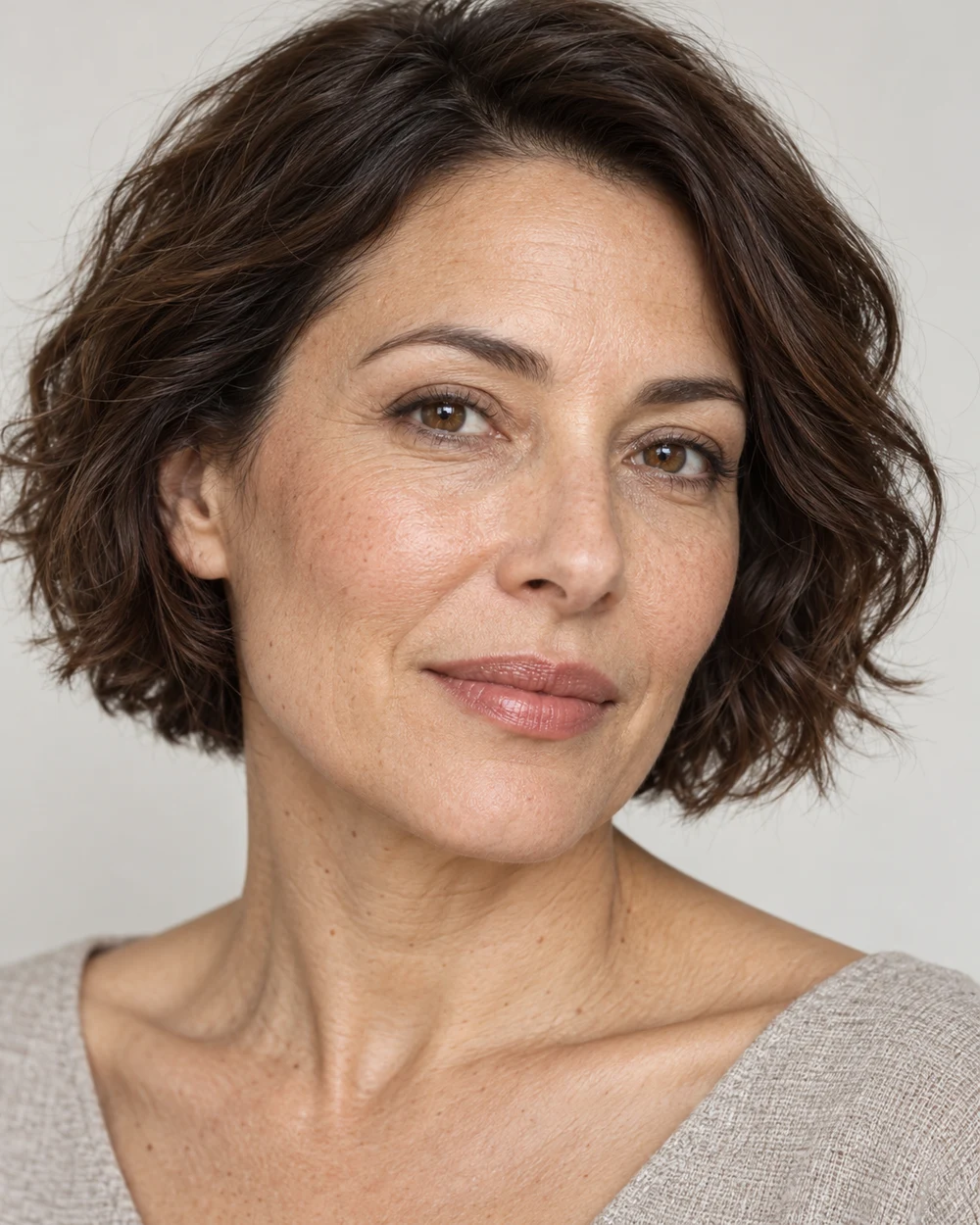 A fictional mature adult with light-medium neutral skin, a short softened brown external upper-lid line and a natural neutral satin lip.