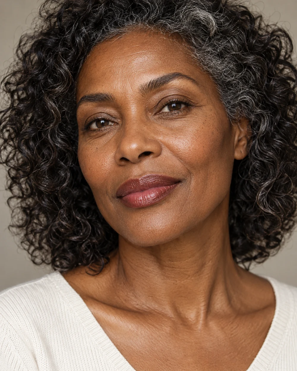 A fictional mature adult with deep brown skin, softly brushed-up natural brows with relaxed tails and a distinct rosewood satin lip.