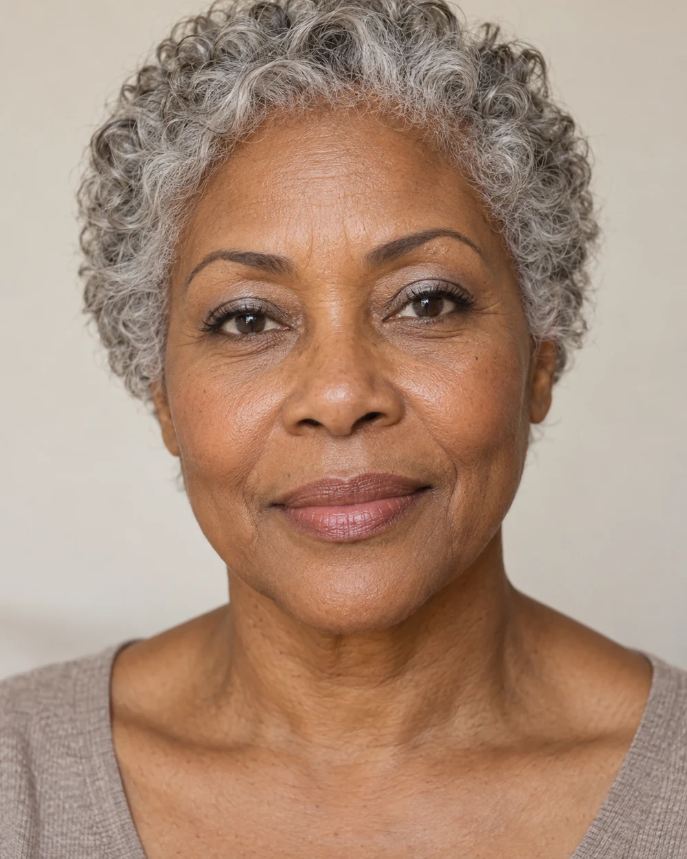 A fictional older adult with medium-deep warm-brown skin, silver curls, a compact silver-grey upper-lid accent, quiet black-brown lashes and a natural lip.