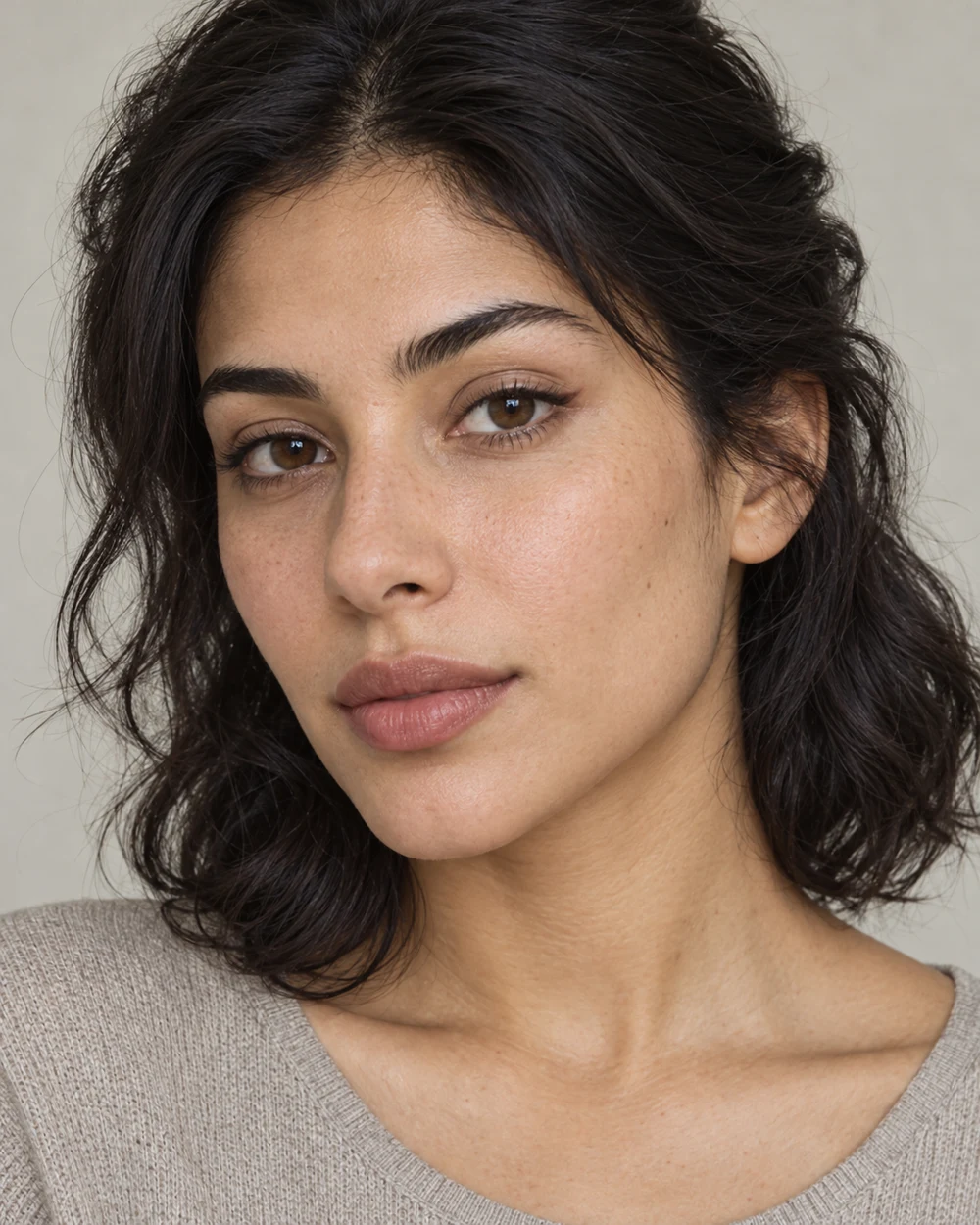 A fictional adult with medium olive skin, a short softened brown upper-lid tip and a quiet neutral rose-beige satin lip, with no large wing or broad shadow.