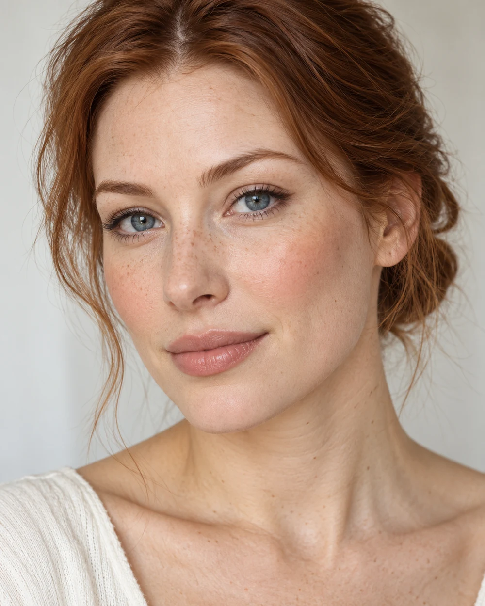 A fictional adult with fair cool skin, soft peach cheek colour kept below the eye area, a narrow espresso external upper-lid line and a natural lip.