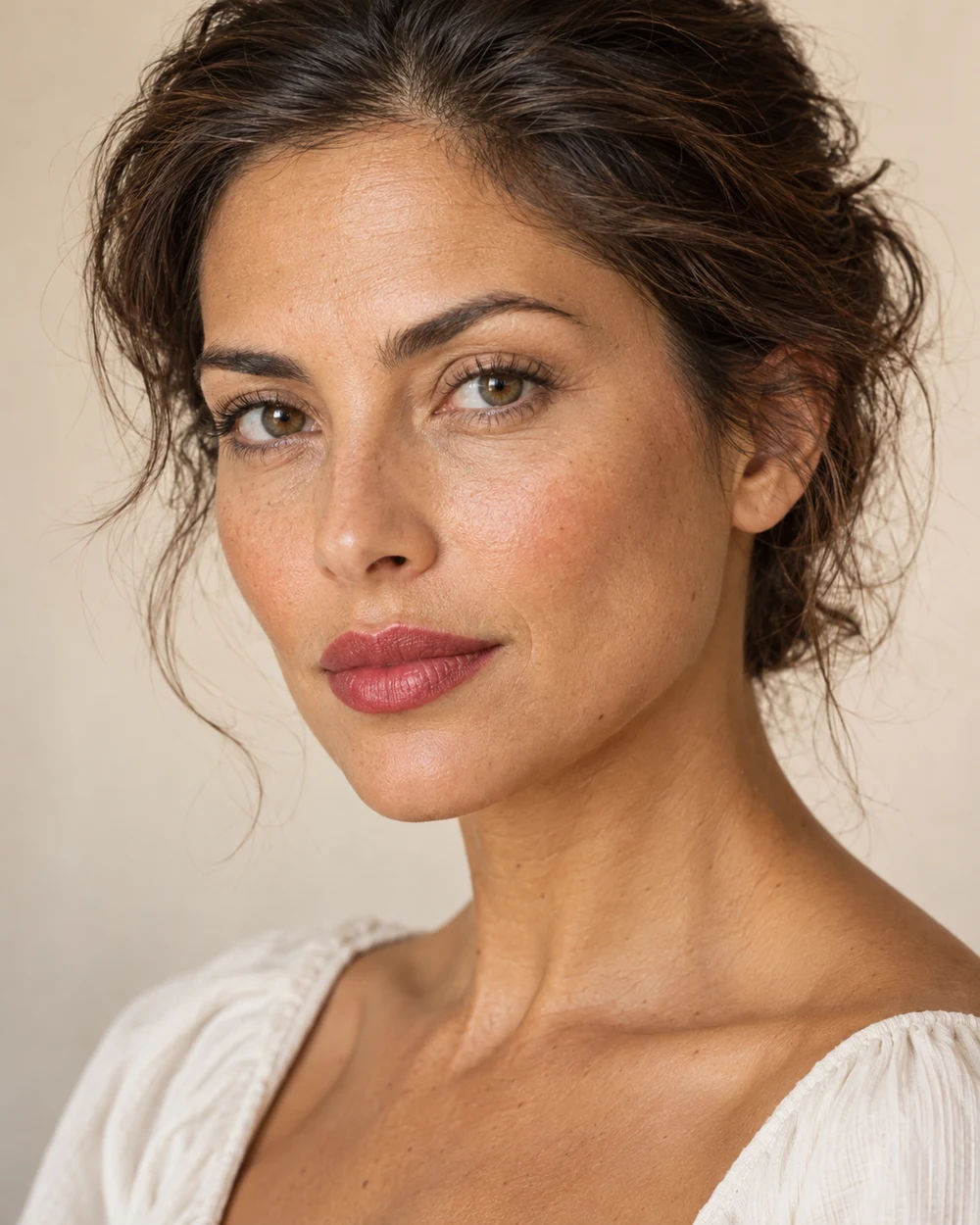 A fictional adult with tan golden skin and a muted red satin lip, a clearly but naturally defined Cupid’s bow and quiet supporting eye and cheek makeup.