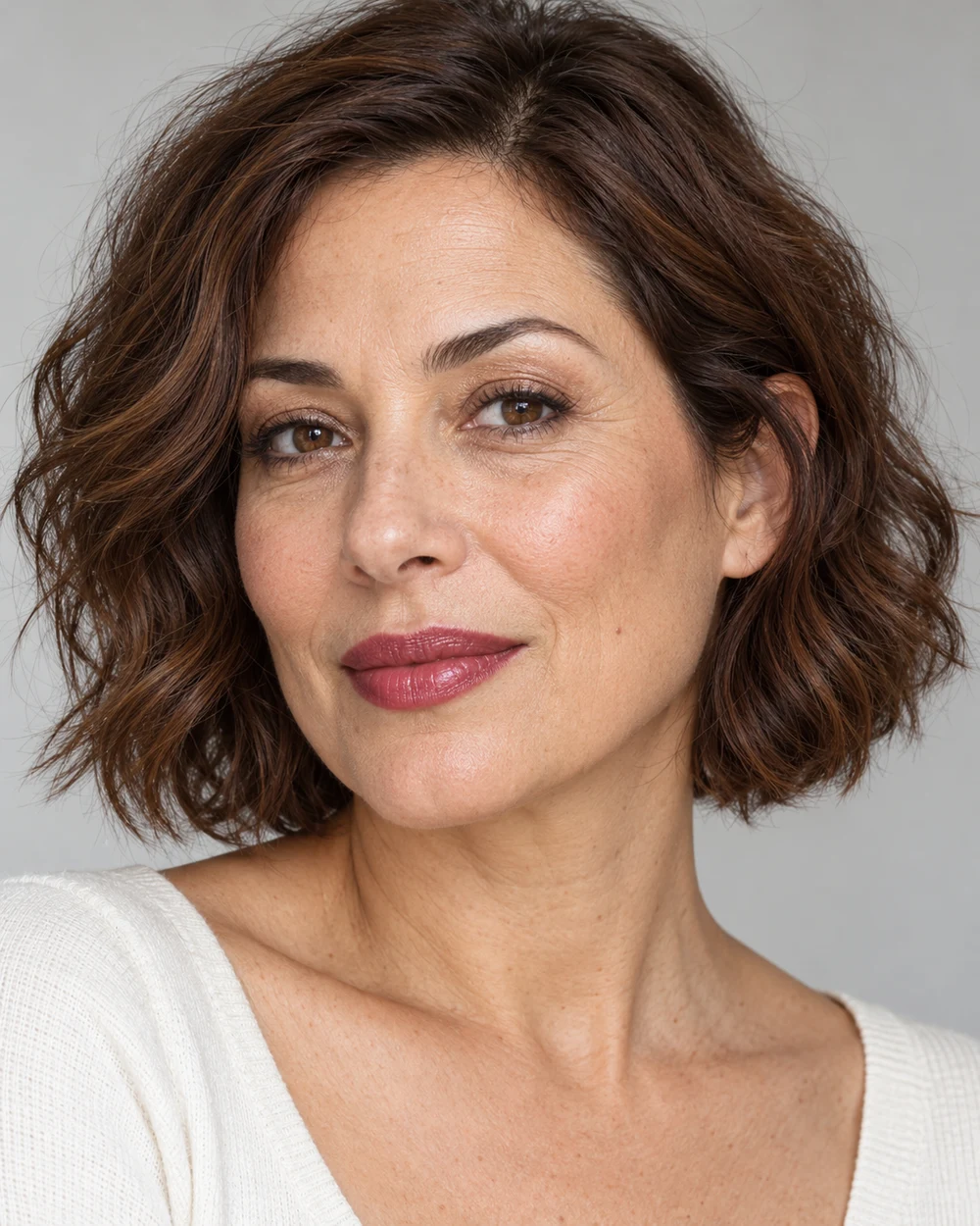 A fictional adult with light-medium neutral skin, a contained soft bronze upper-lid reflection and a distinct dark-rose satin lip beside an ivory neckline.