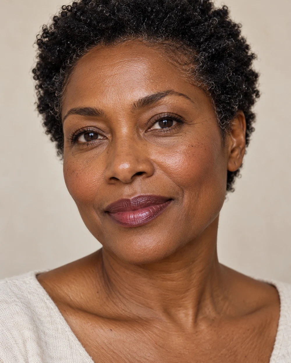 A fictional mature adult with deep brown skin, softly shaped natural brow tails with small discreet gap correction and a sheer plum lip through which natural lip tone remains visible.