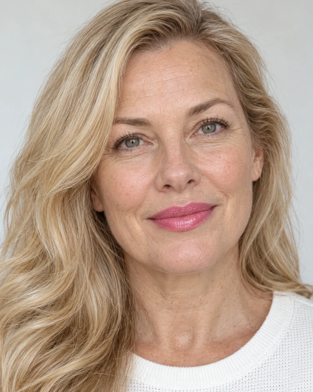 A fictional mature woman with fair light skin and blonde waves wearing a clear pink satin lip and quiet brown upper lashes with a white neckline.