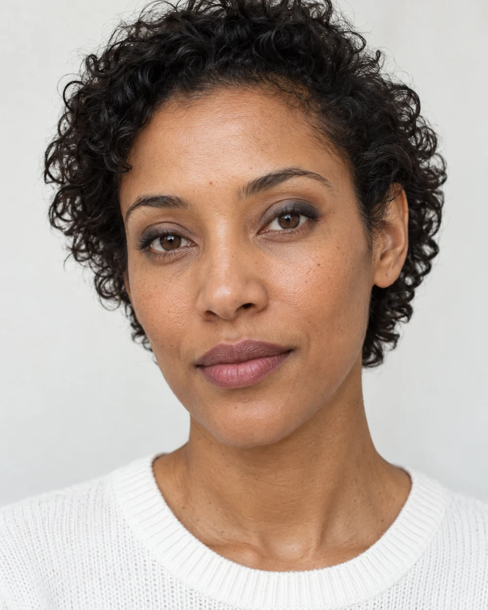 A fictional woman with medium warm brown skin and dark curls wearing small contained charcoal lid accents and quiet muted mauve lips with a white knit neckline.